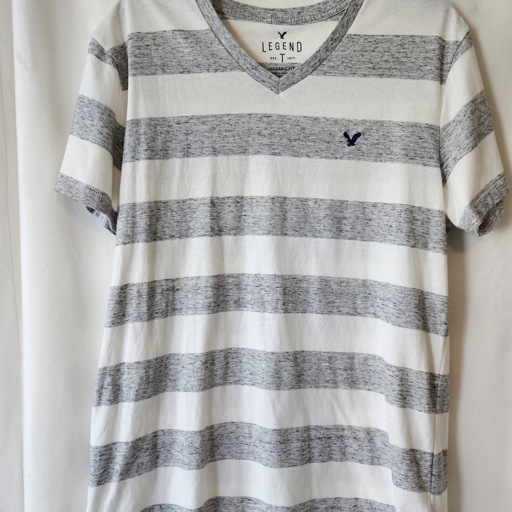 American Eagle Outfitters White & Gray Striped V-Neck Tee